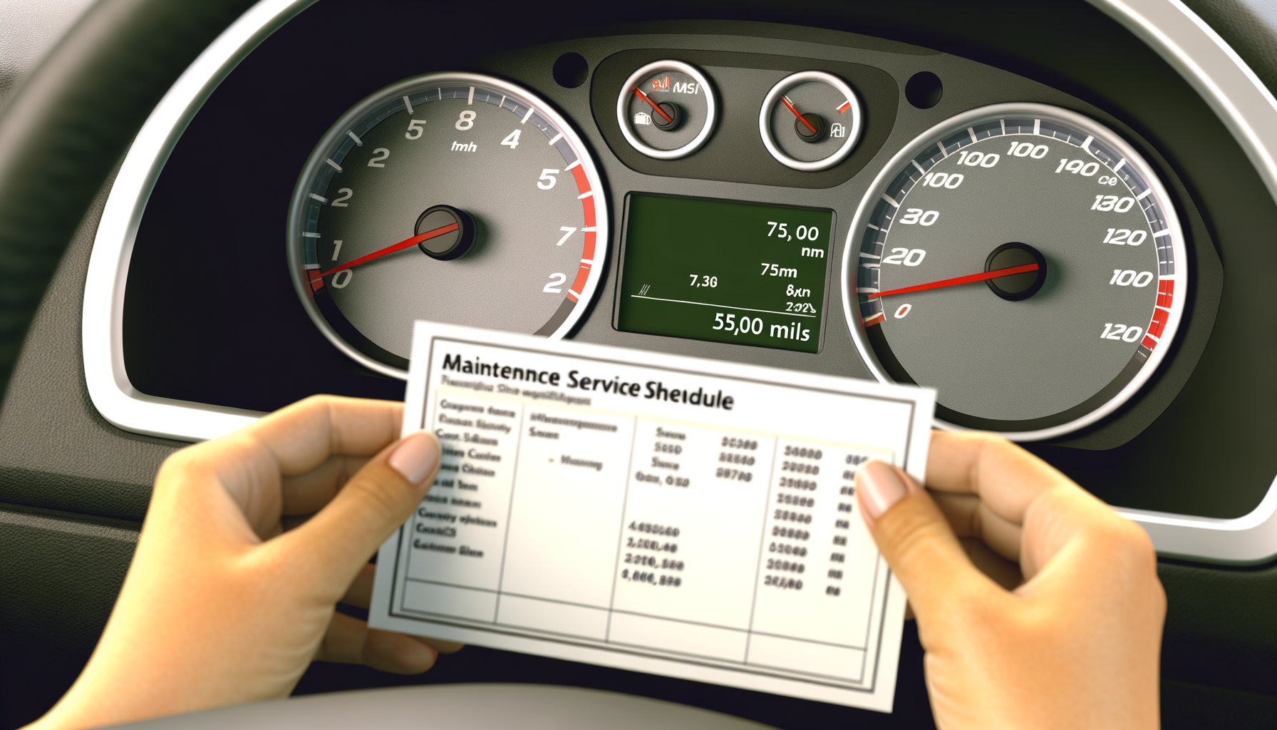 Car odometer showing mileage with maintenance schedule checklist, illustrating service planning based on vehicle mileage