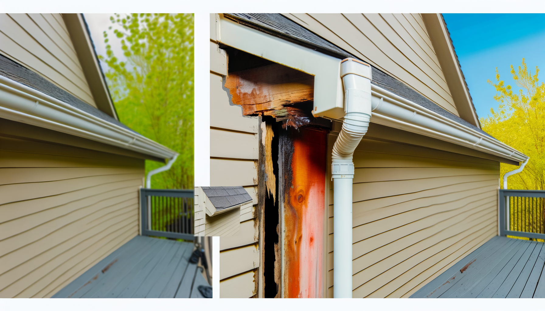 Before and after comparison showing how minor water damage escalates to major structural problems