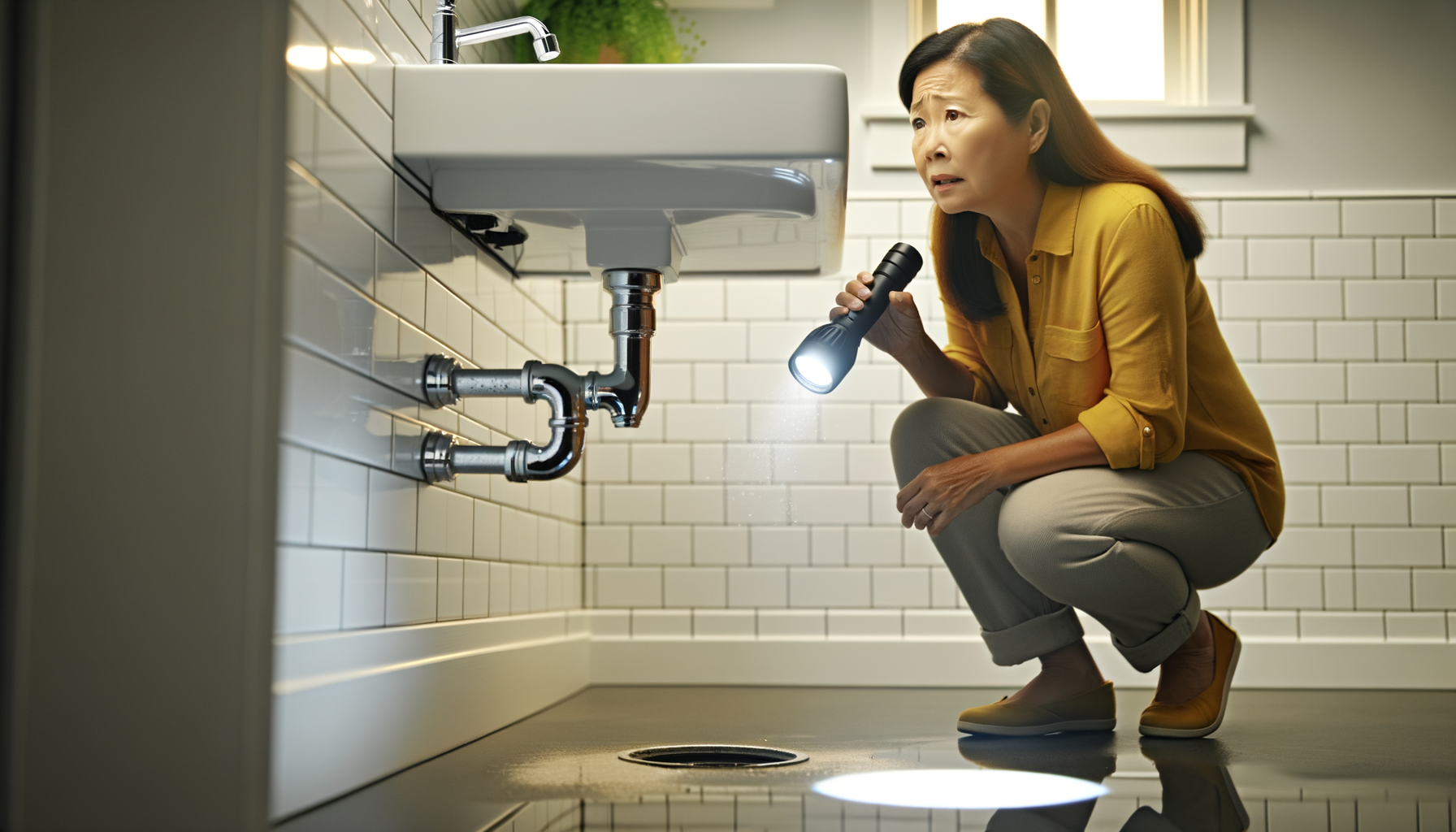 Homeowner inspecting small water leak under bathroom sink with flashlight