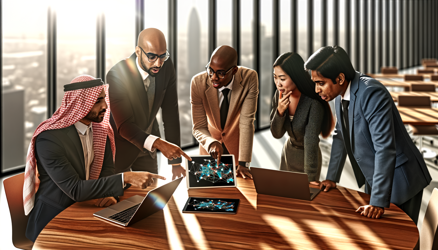 Business professionals collaborating on network growth strategies in modern office setting