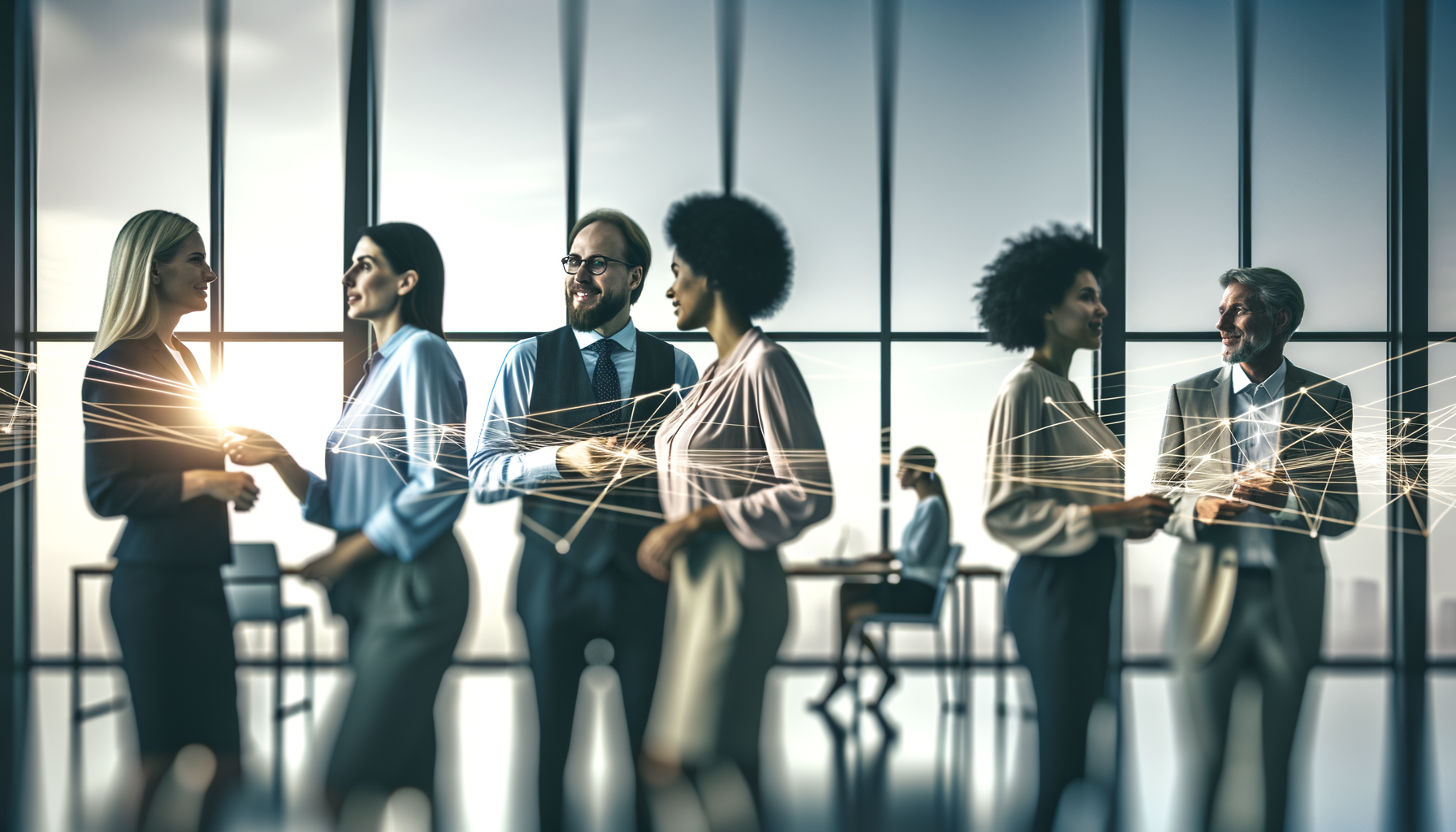 Professional network of diverse people connected by visible relationship lines in modern office setting