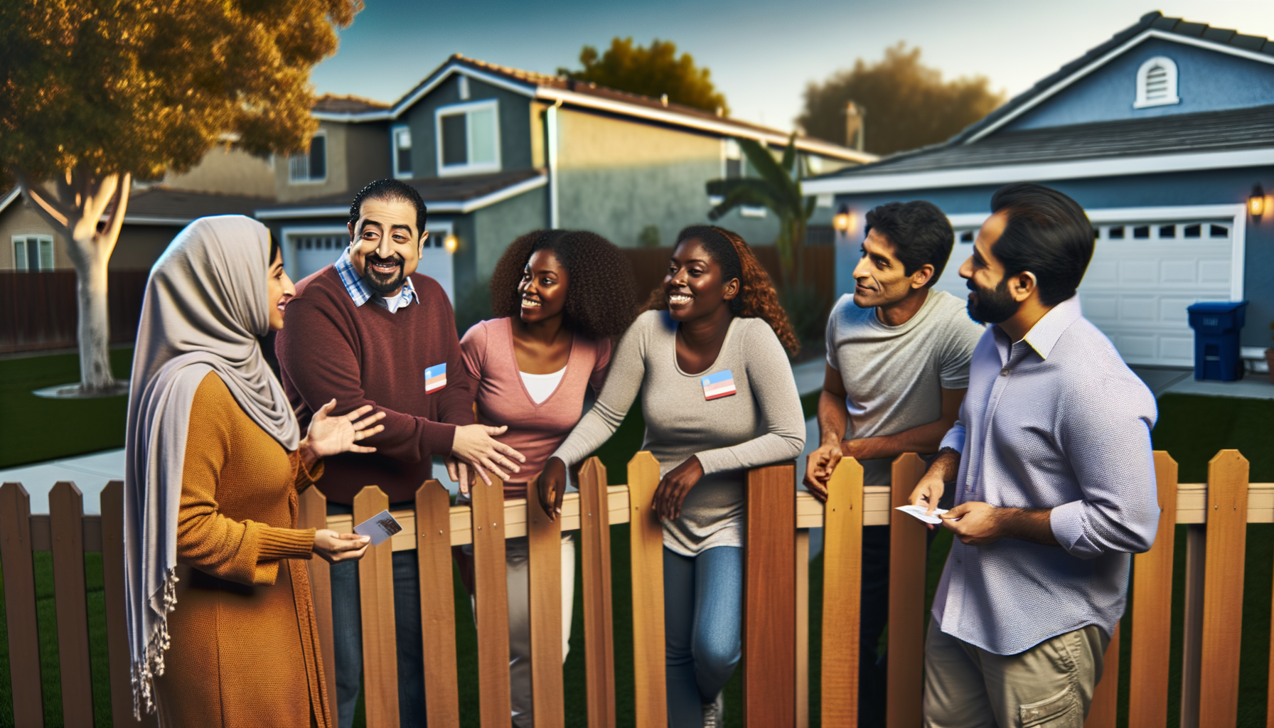 Neighbors having a friendly conversation over a fence, sharing business recommendations
