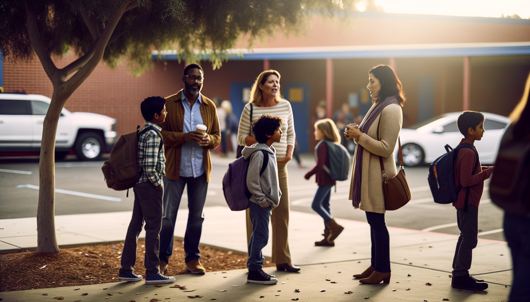 Parents talking and connecting during school pickup, demonstrating natural community networking