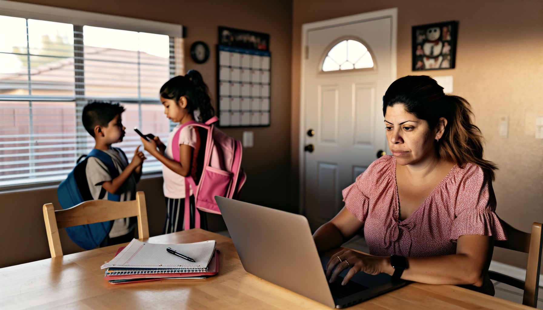 Parent managing household logistics on laptop while children play in background