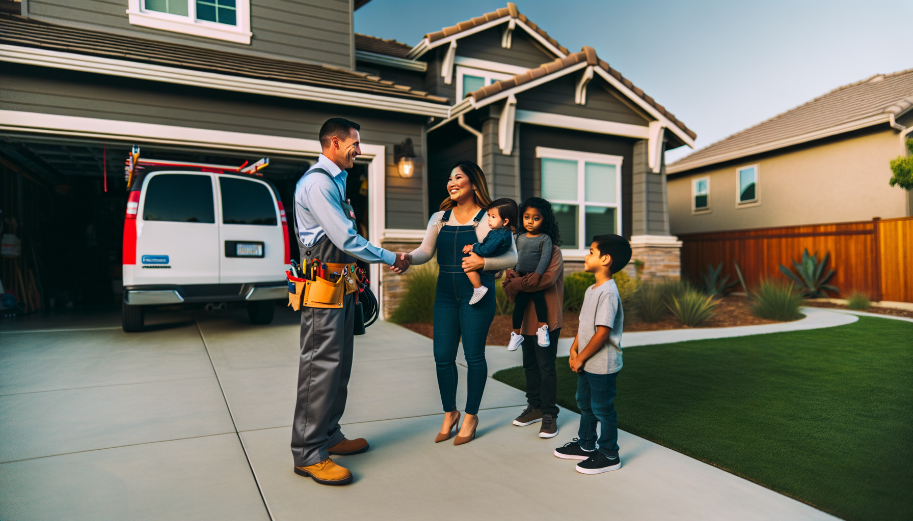 Family meeting with trusted home service contractor in their front yard