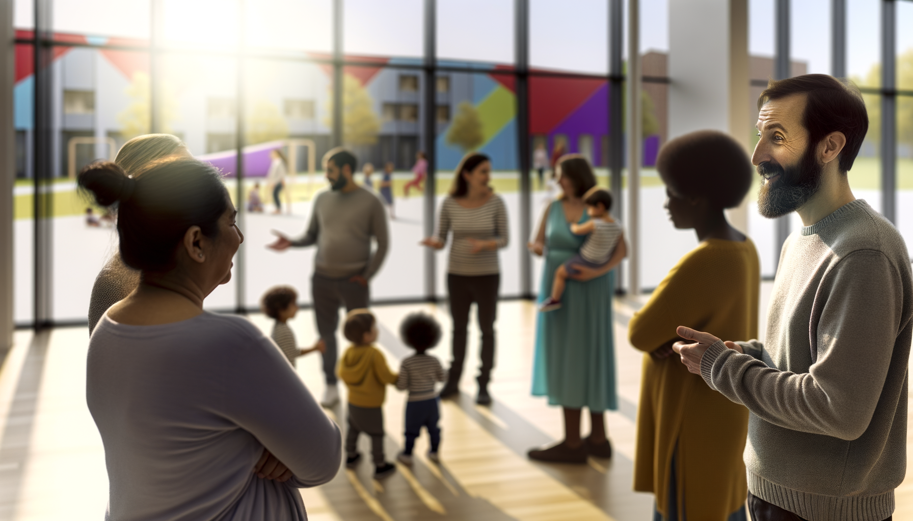 Parents having a friendly discussion about childcare while children play safely in the background