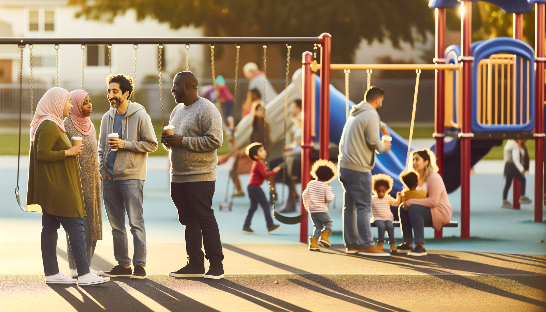 Parents having friendly conversations at a local playground while their children play nearby