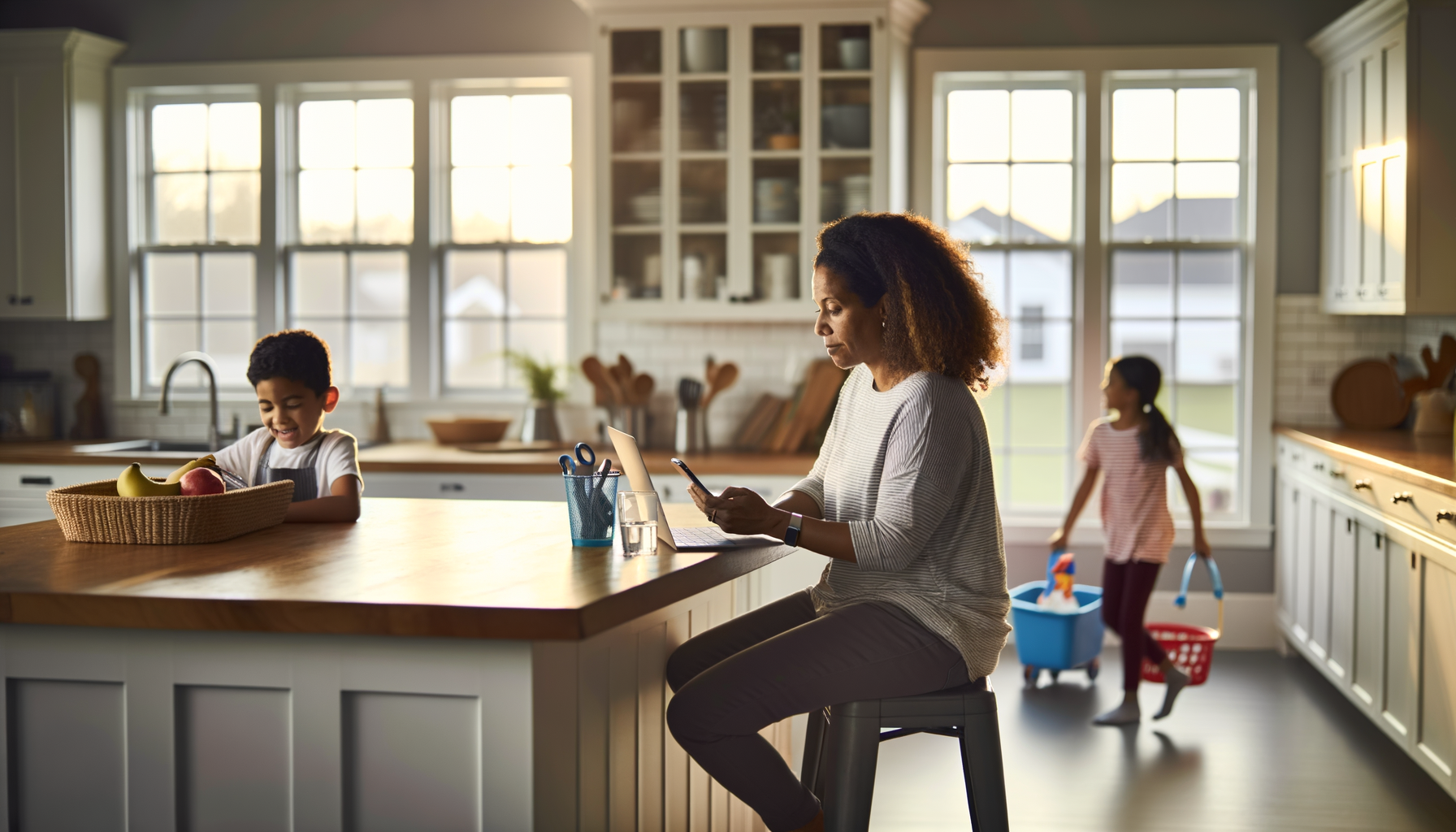 Parent coordinating multiple service providers while family activities continue smoothly in background