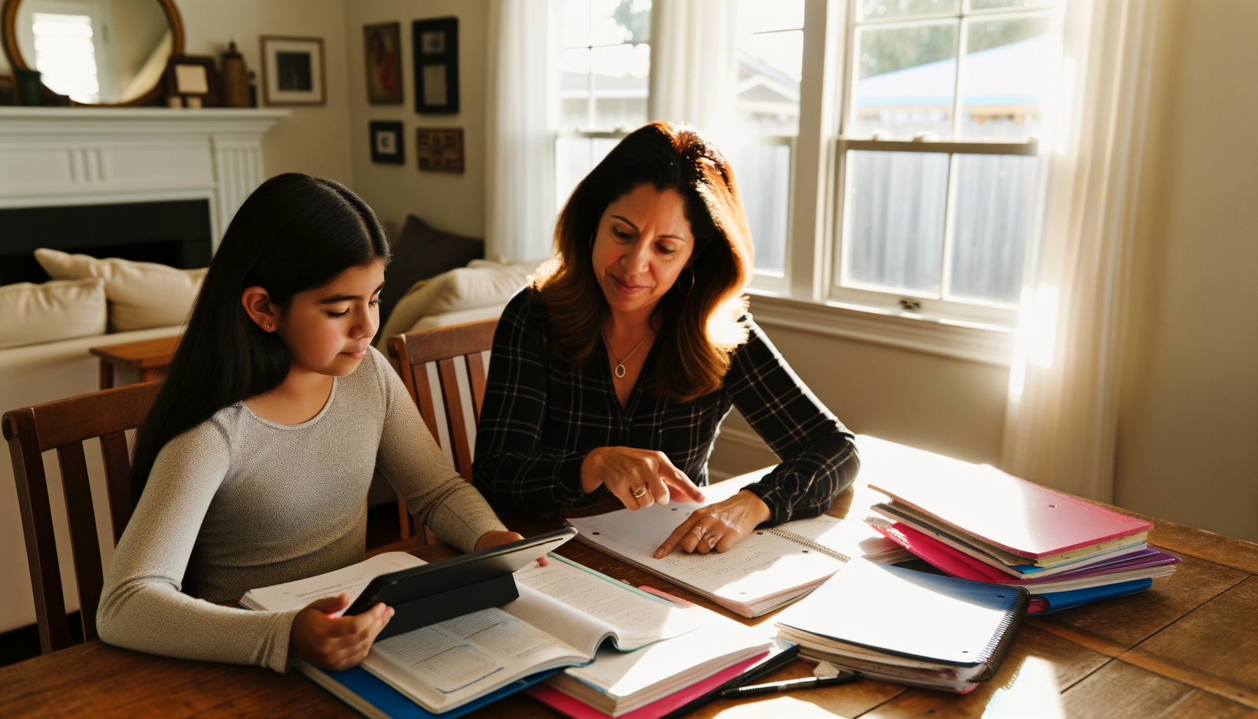 Mother and daughter preparing materials for tutoring session at kitchen table