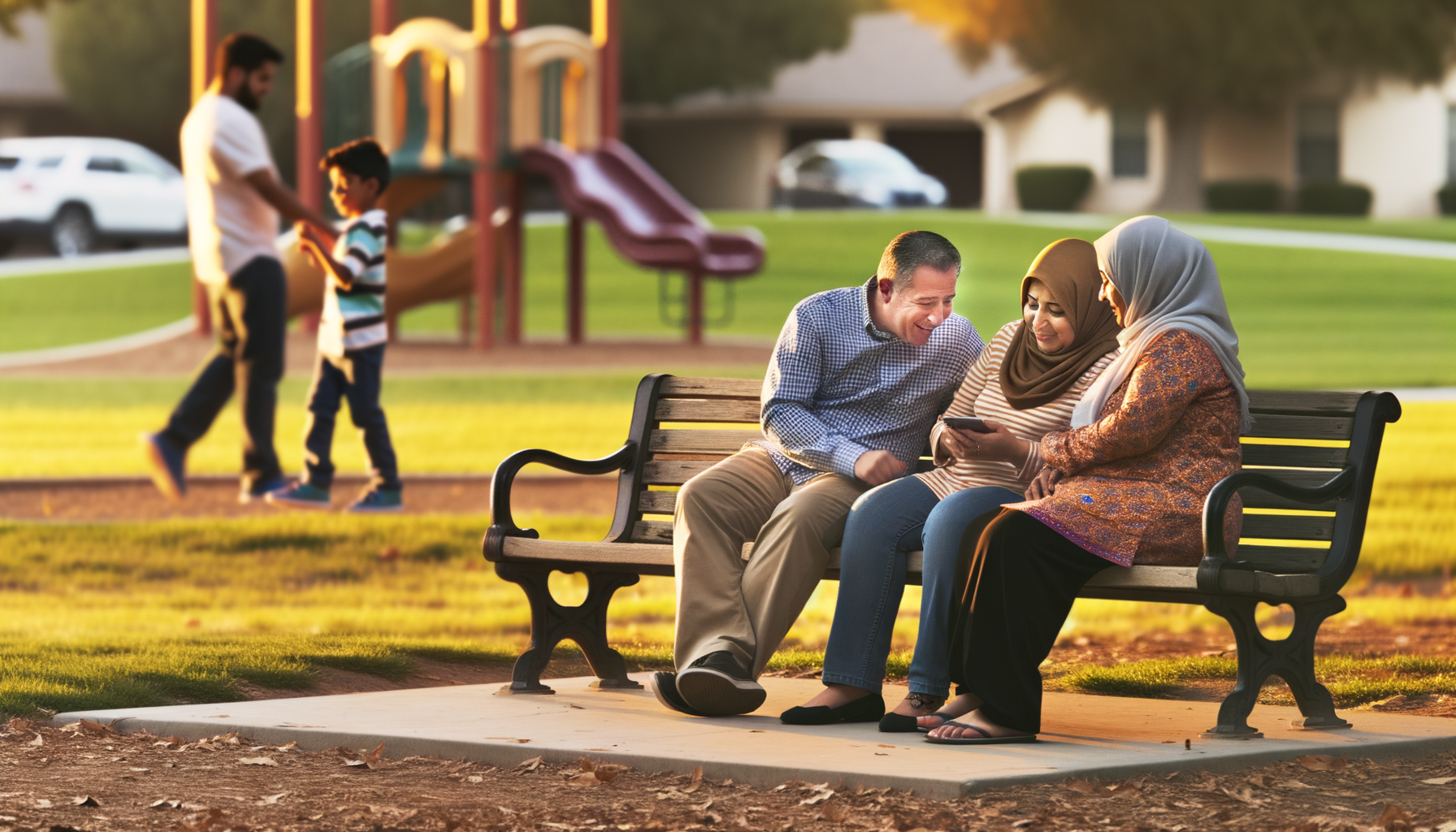 Parents having a friendly conversation at a playground while children play, representing community support and shared recommendations