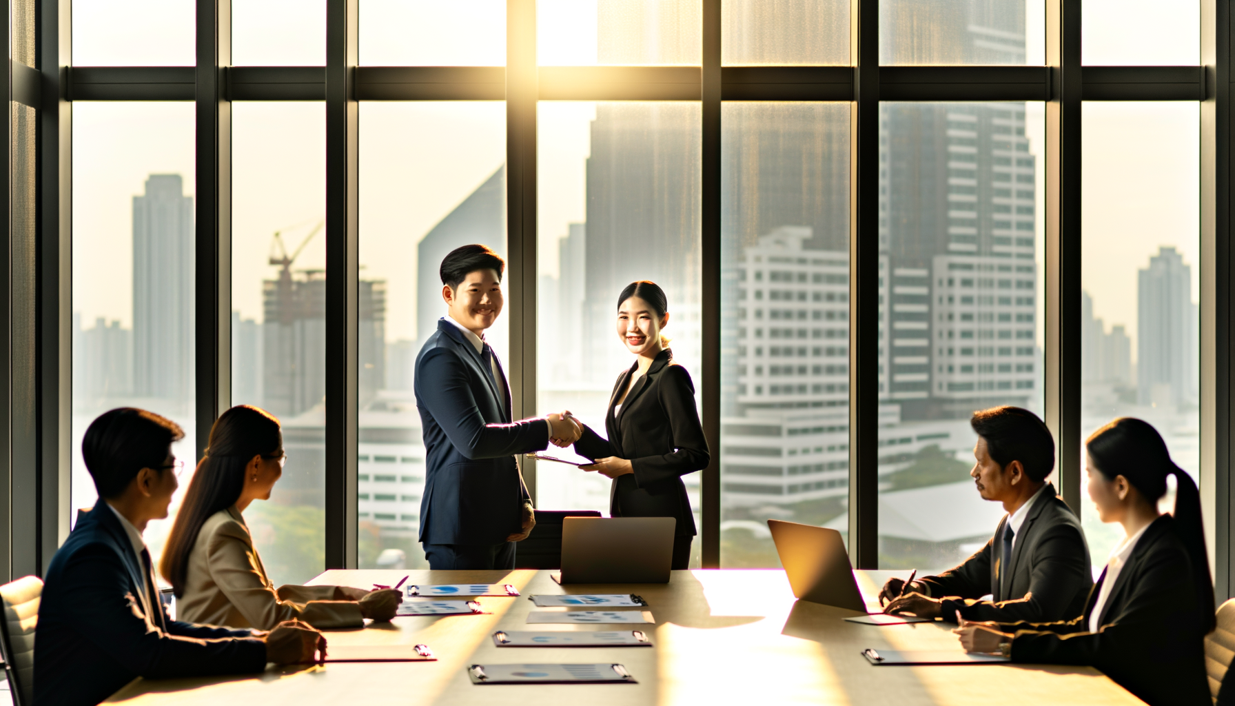 Two business professionals shaking hands in a modern office, representing successful business partnerships