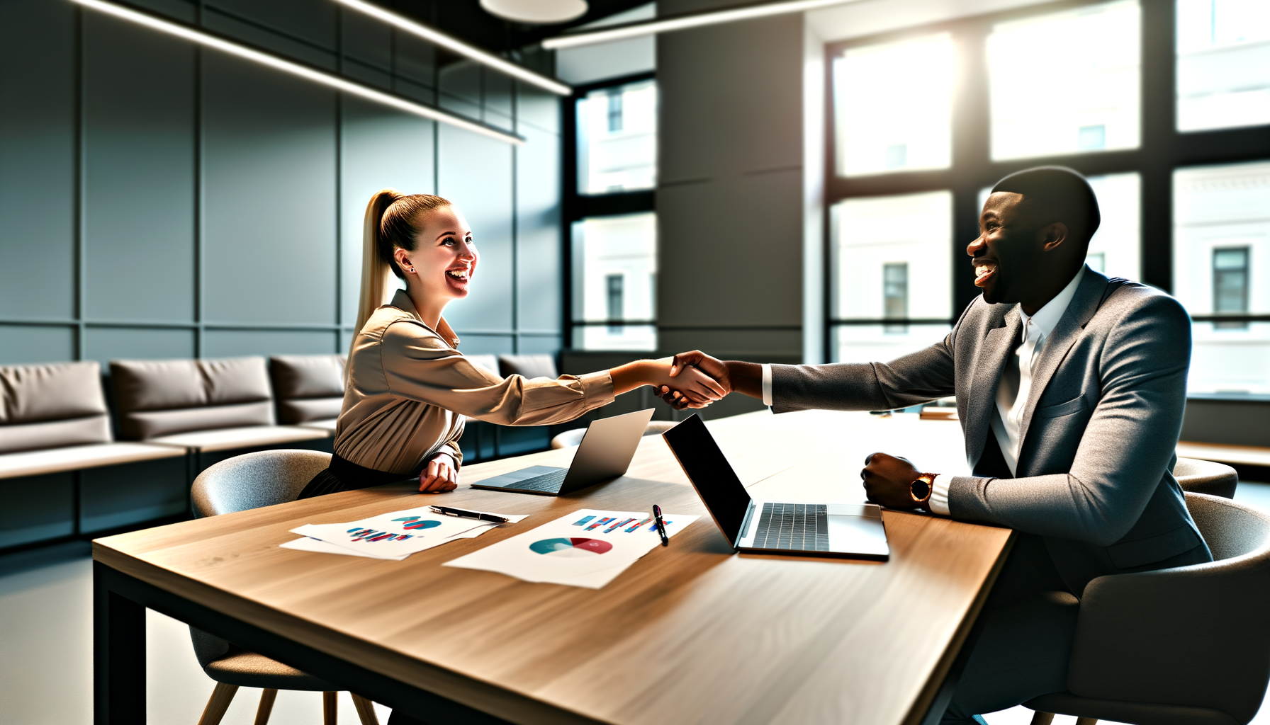 Two business owners shaking hands during a partnership meeting in a modern office