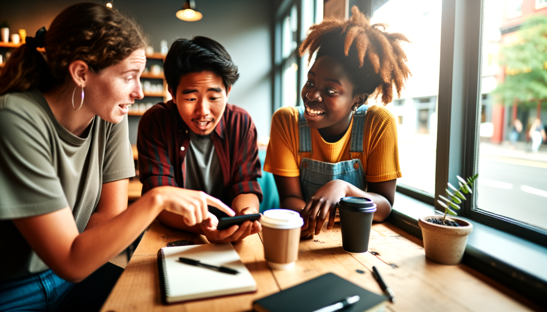 Three friends having an engaged conversation at a coffee shop, one showing something on their phone to the others