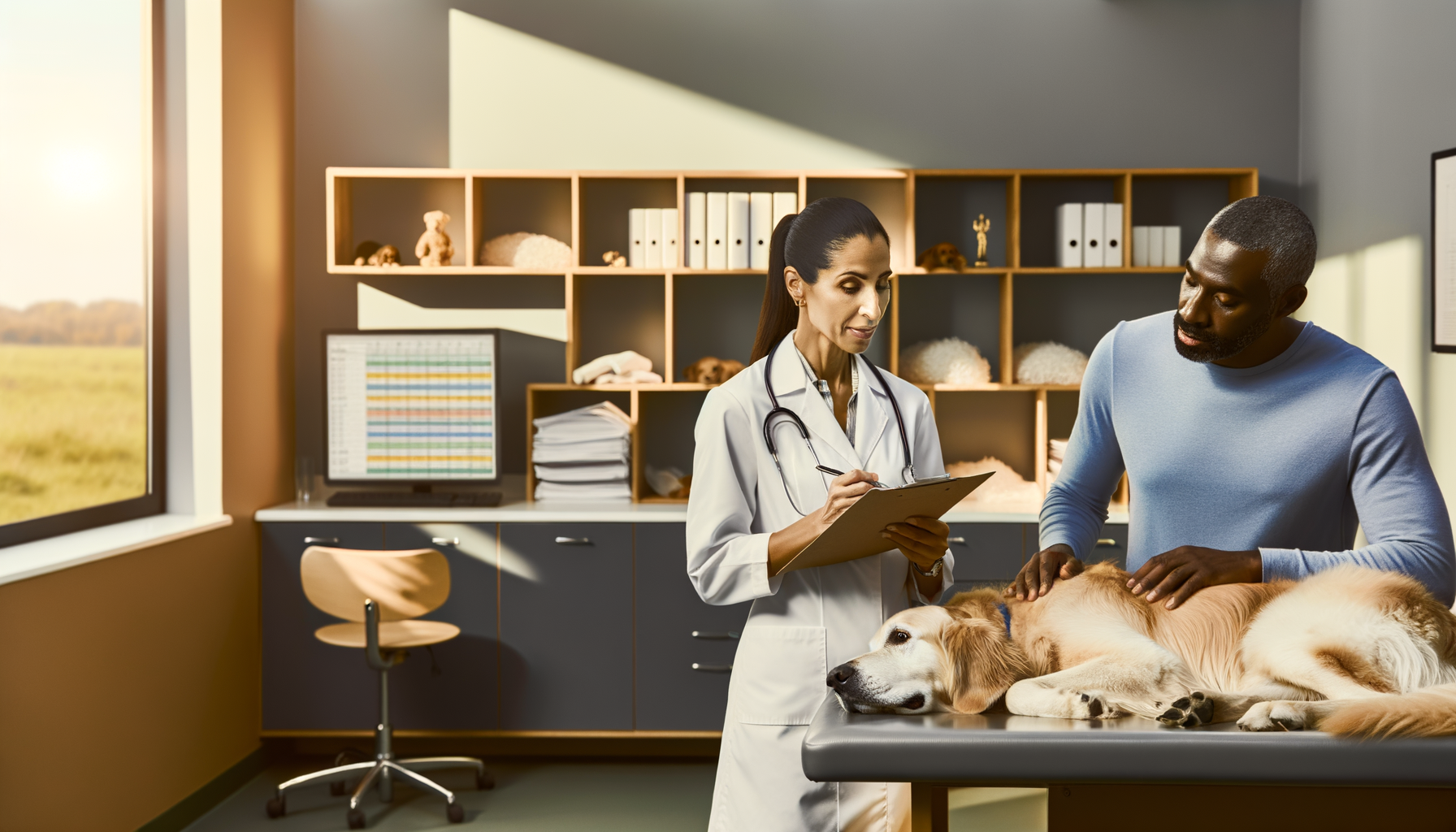 Veterinarian reviewing pet health records while examining a golden retriever with owner present