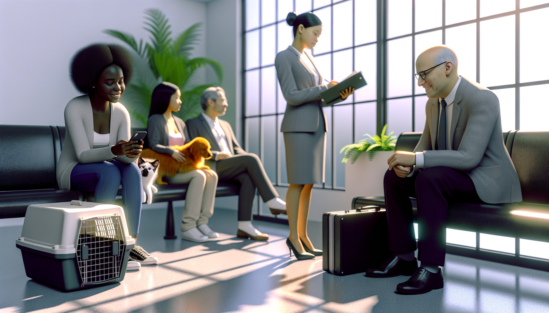 Pet owners of different backgrounds waiting in a modern veterinary clinic, managing their schedules while caring for their pets