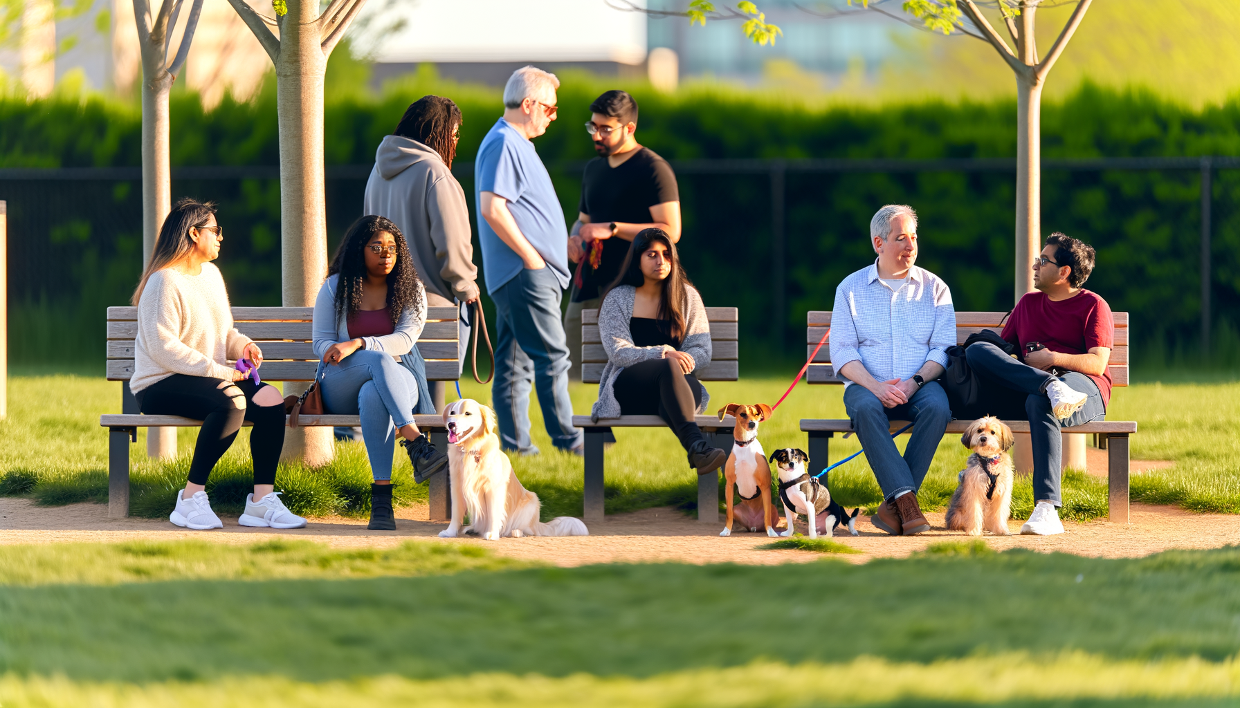 Pet owners having friendly conversations while their dogs socialize at a local dog park