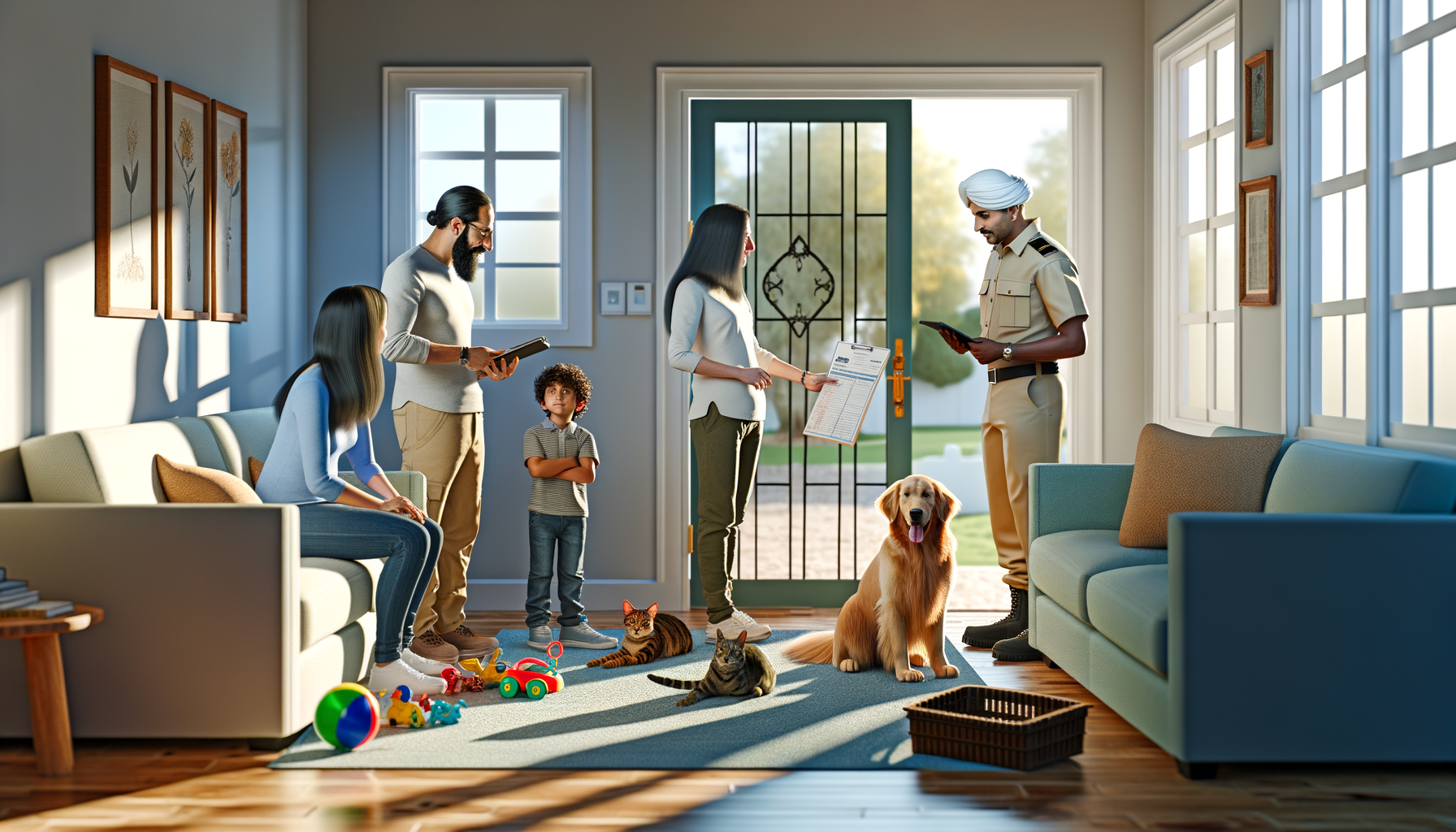 Pet owners reviewing preparation checklist before meeting with service provider while their dog and cat rest nearby