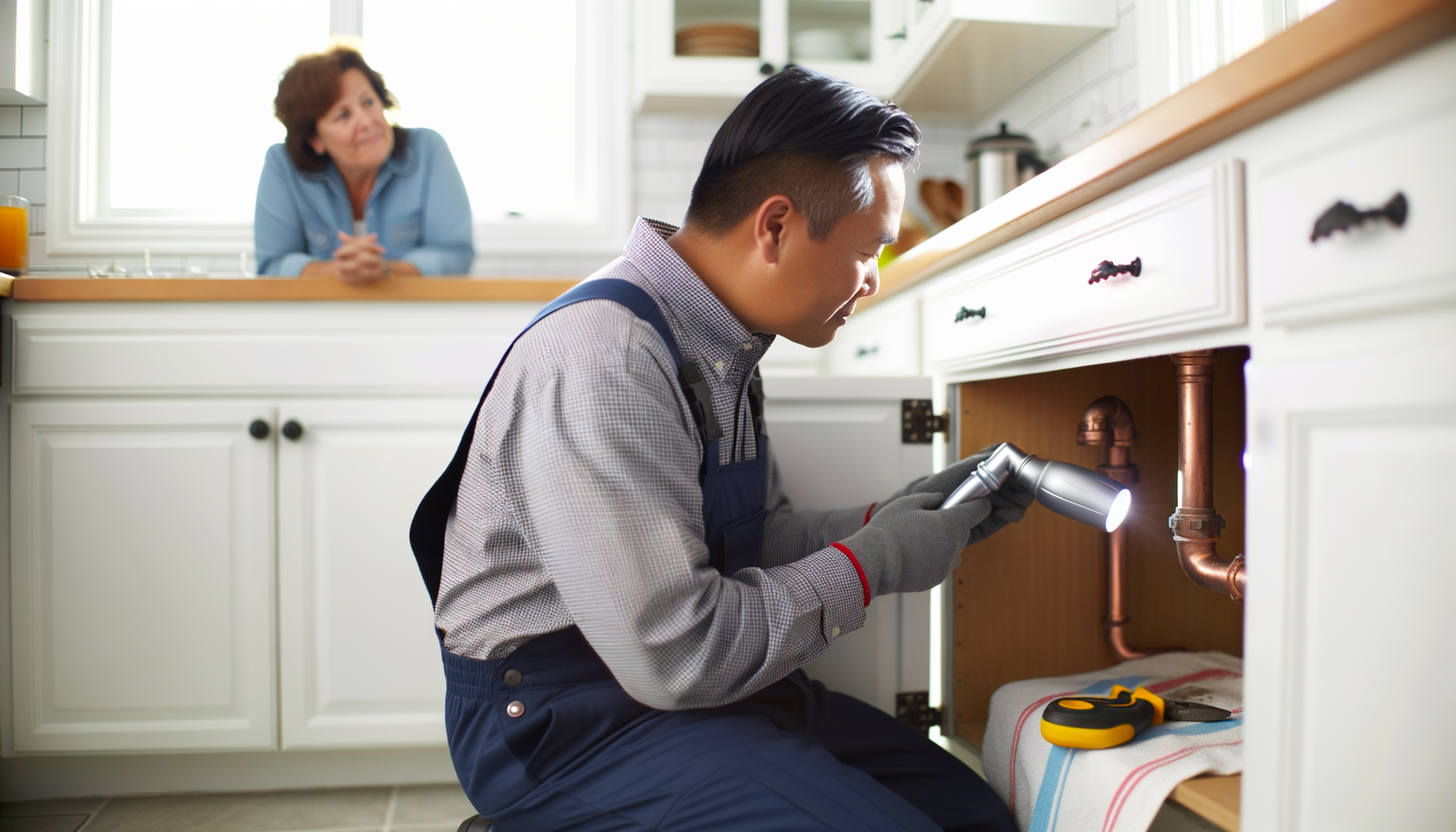 Professional plumber inspecting pipes under kitchen sink during routine maintenance visit