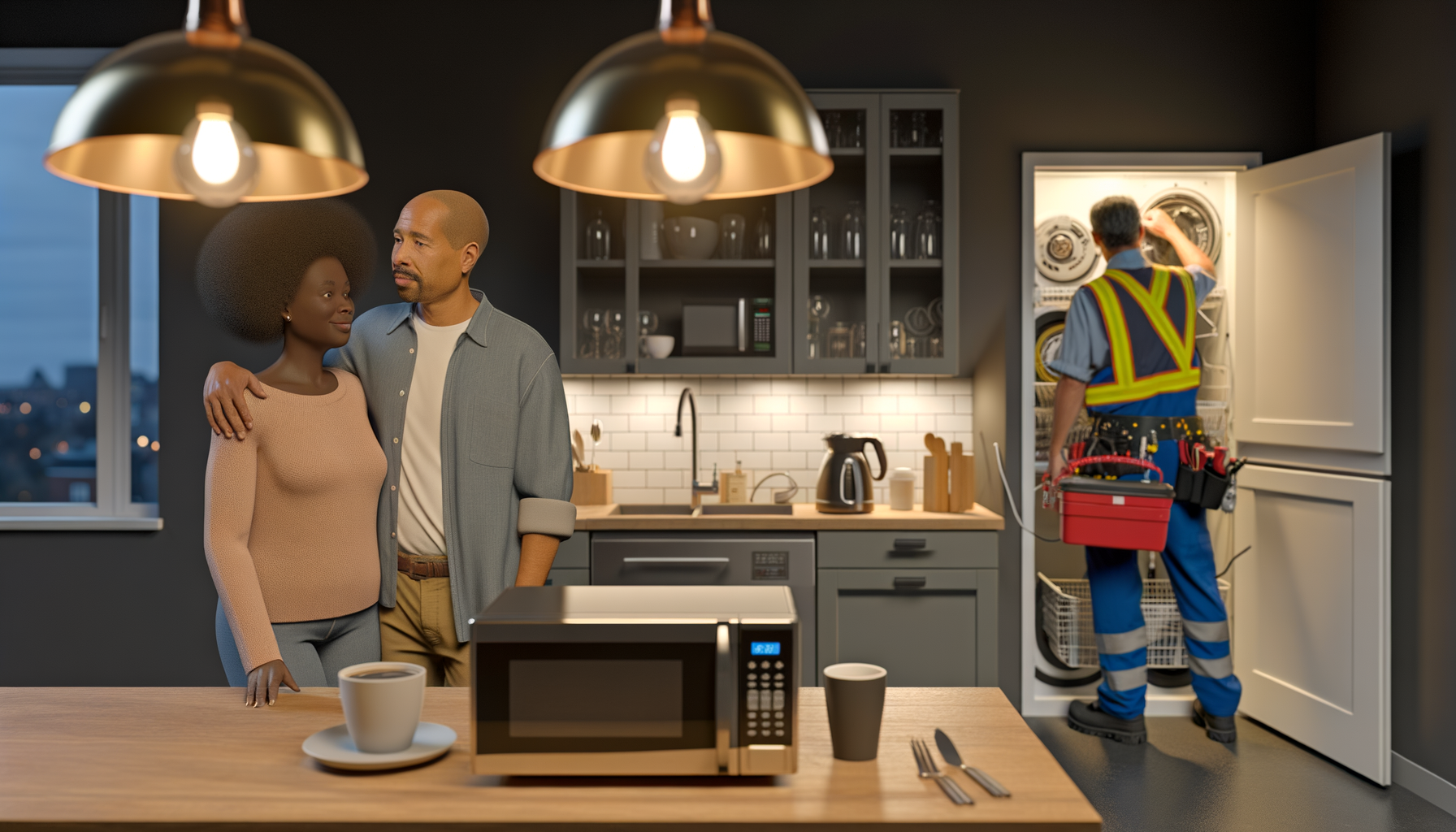 Family using multiple kitchen appliances while electrician inspects electrical panel during peak power usage
