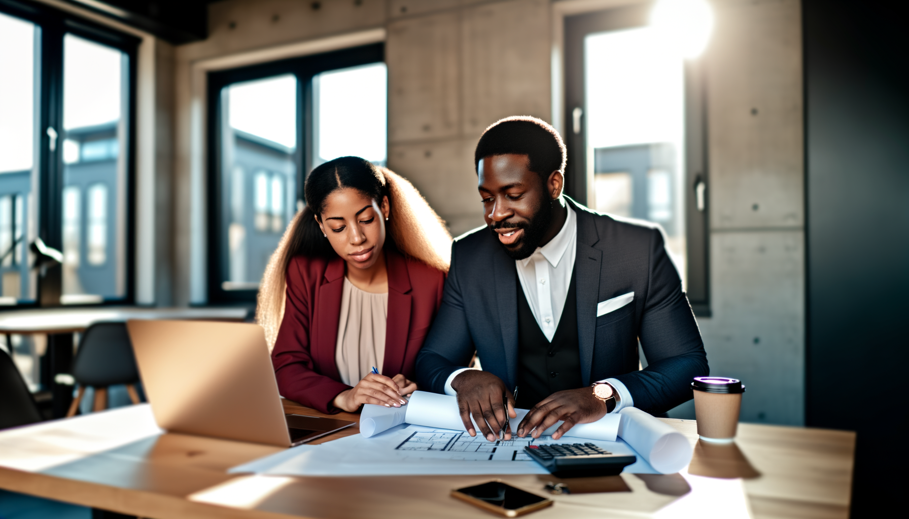 Real estate agent reviewing documents and preparation materials with clients at desk