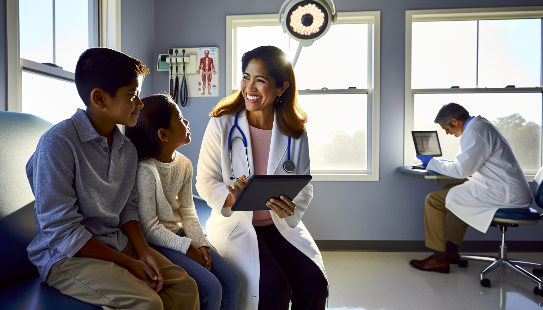 Family with two children having a comfortable preventive care visit with their pediatrician in a bright, welcoming medical office