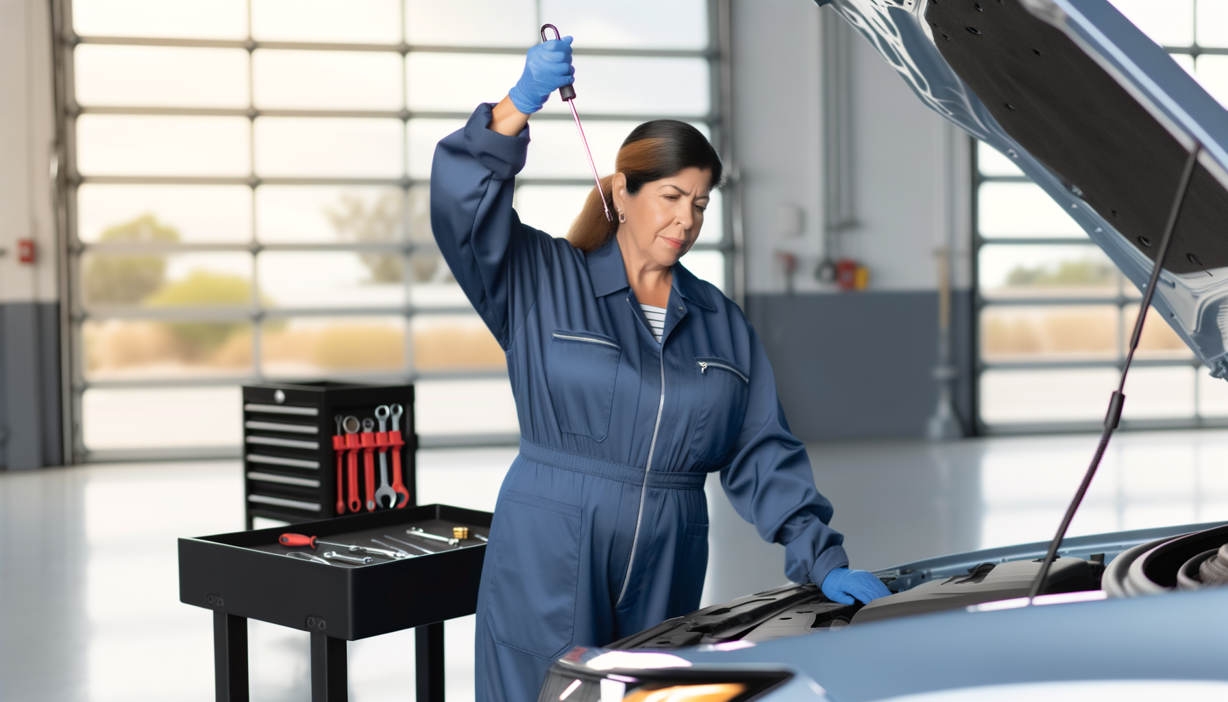Automotive technician performing preventive maintenance check on vehicle engine