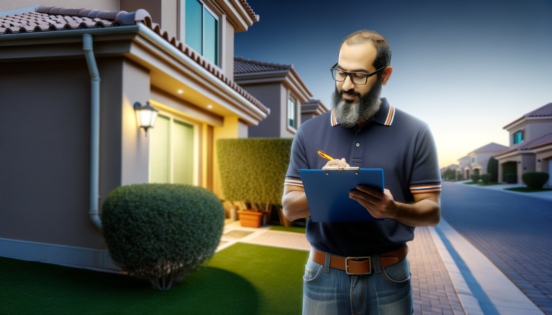 Homeowner conducting routine property inspection with maintenance checklist