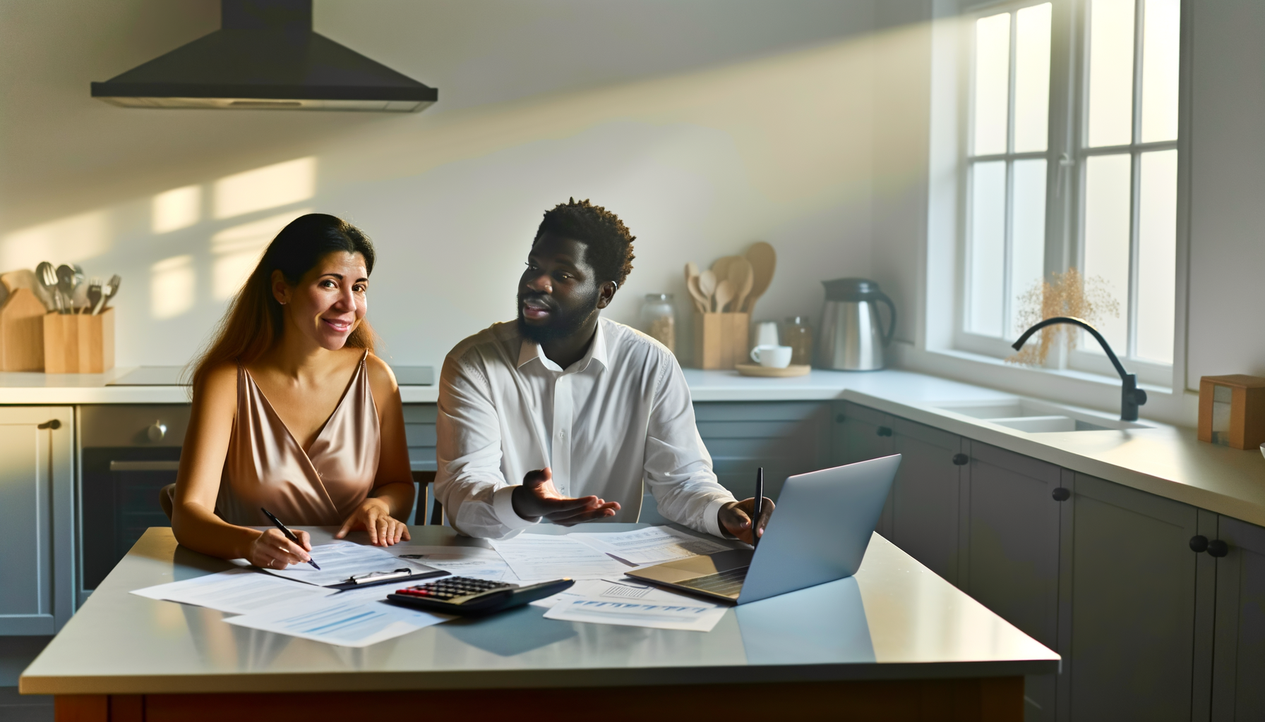 Couple reviewing financial documents together at kitchen table looking relaxed and confident
