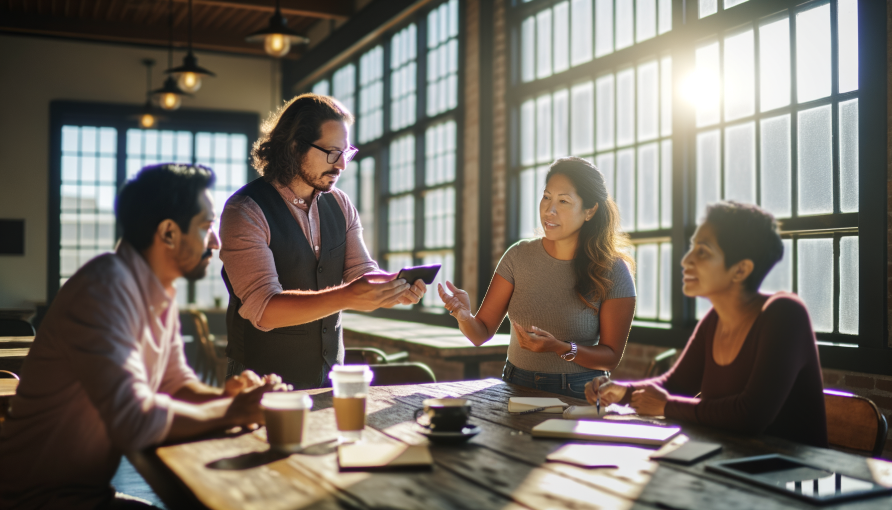 Small business owners networking and sharing recommendations at a local coffee shop