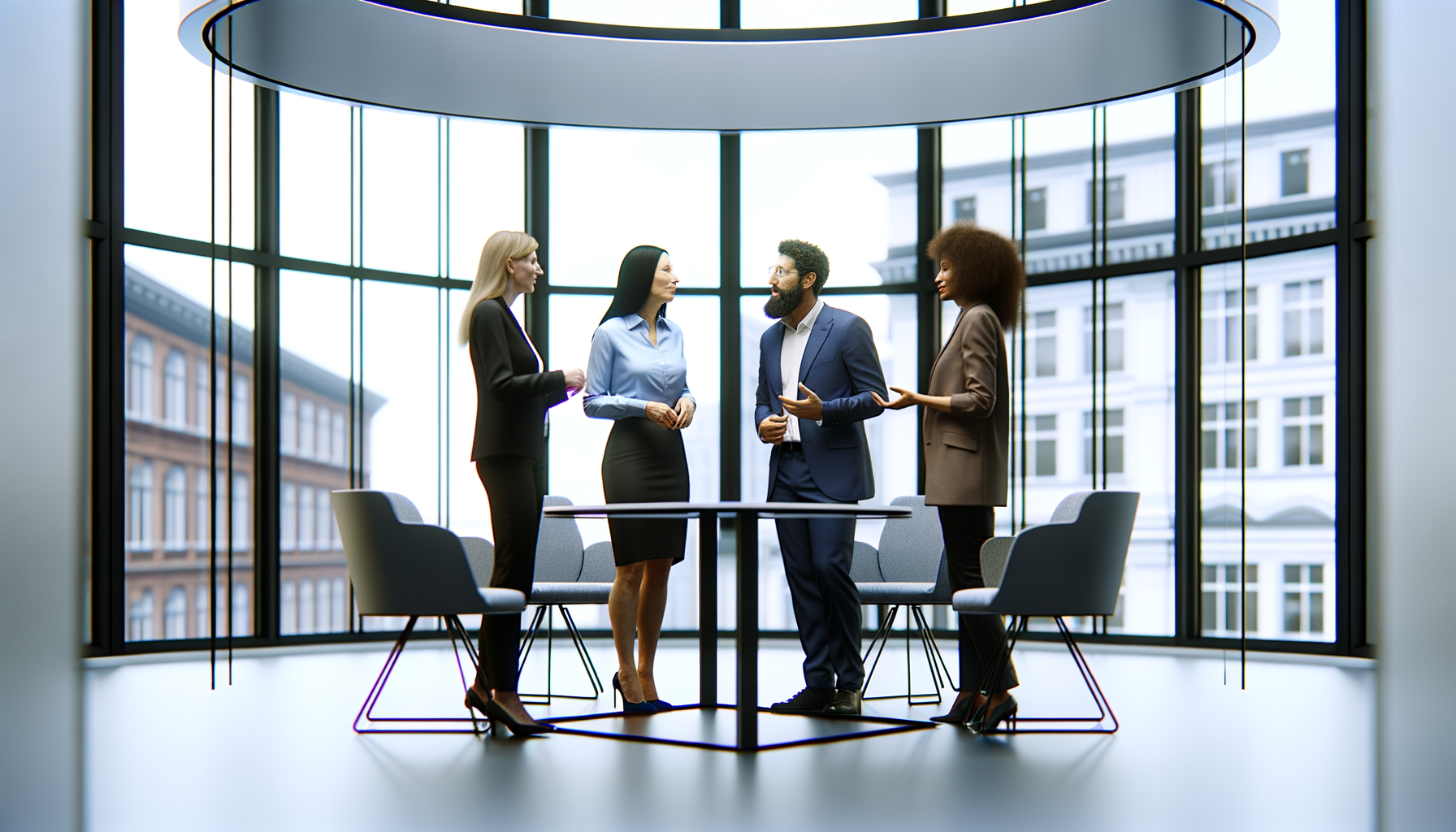 Business professionals sharing recommendations in a modern office environment