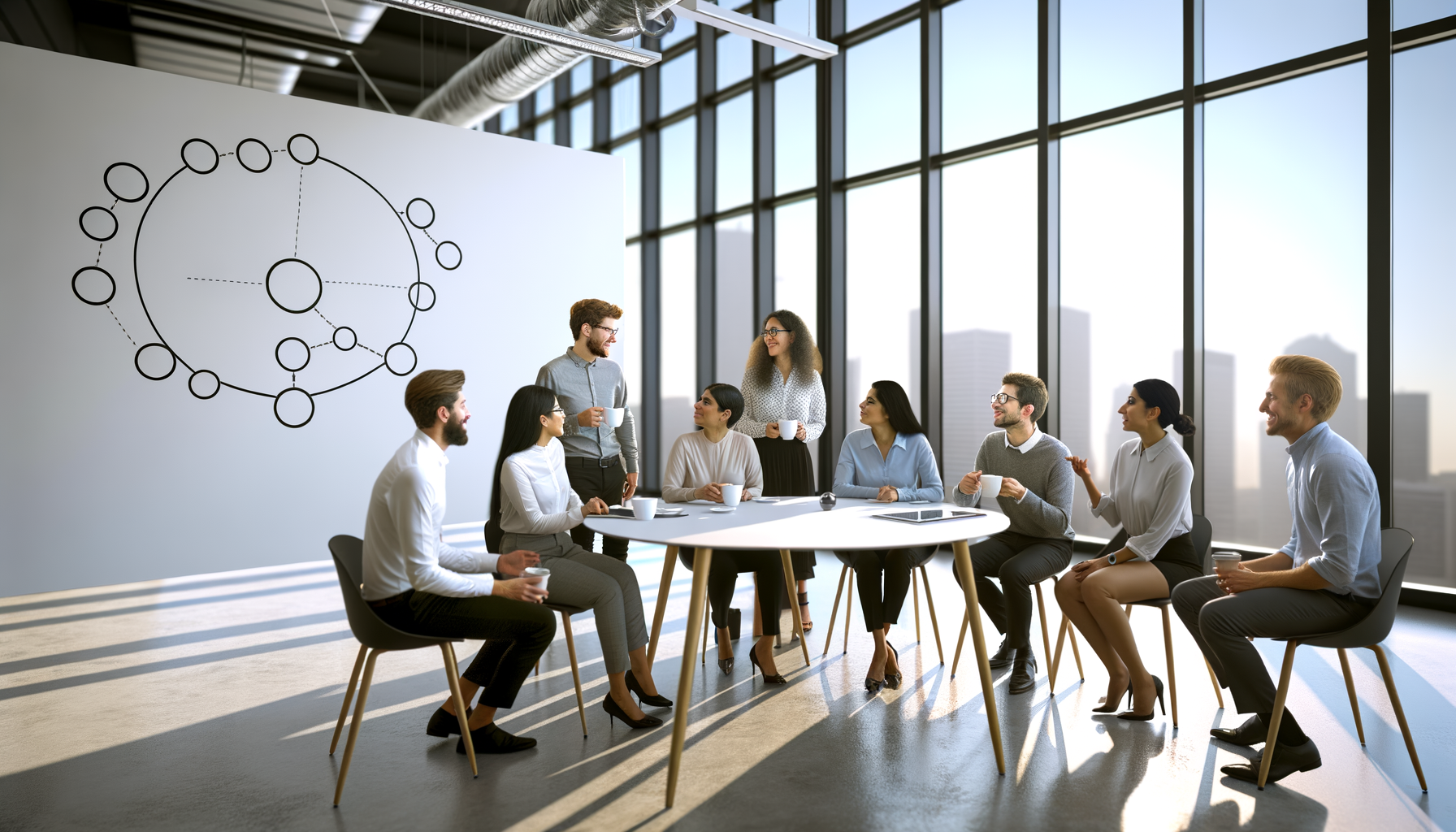 Business professionals discussing customer relationships and growth strategies in a bright, modern office