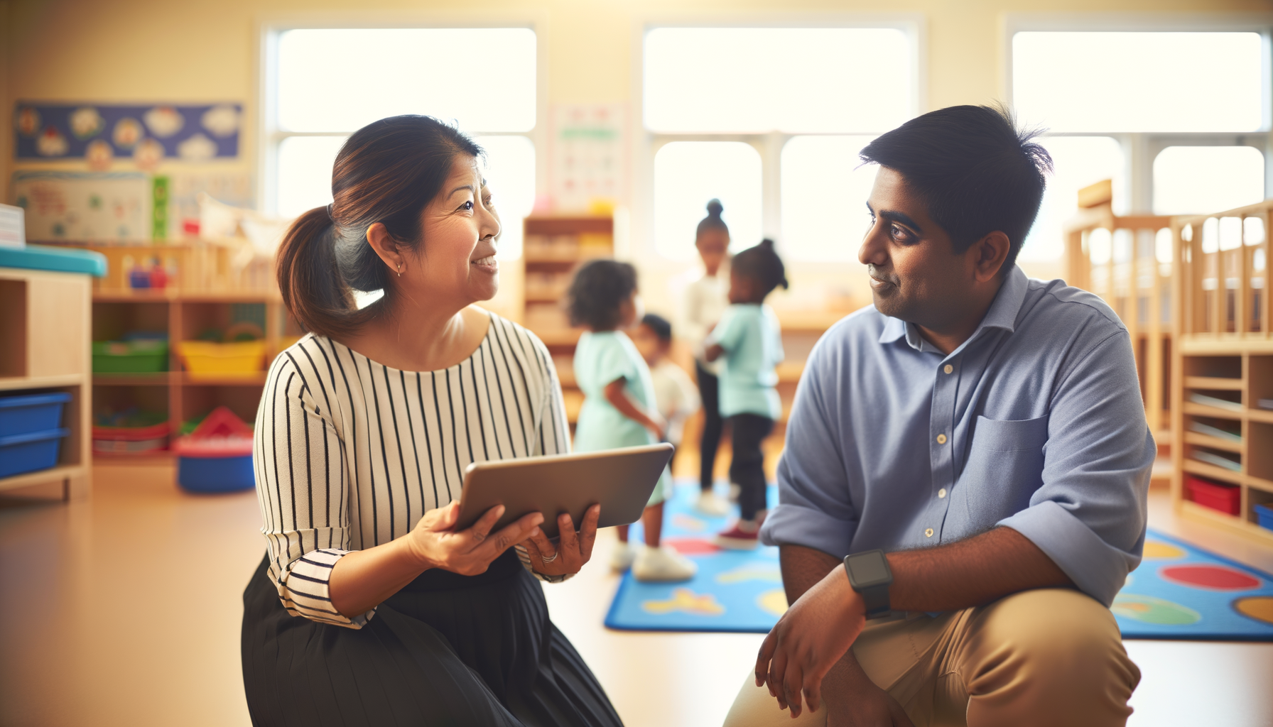 Childcare teacher communicating with parent during pickup time in a bright classroom
