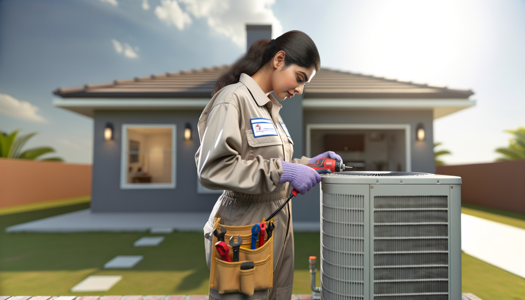 Professional HVAC technician performing routine maintenance on residential air conditioning unit