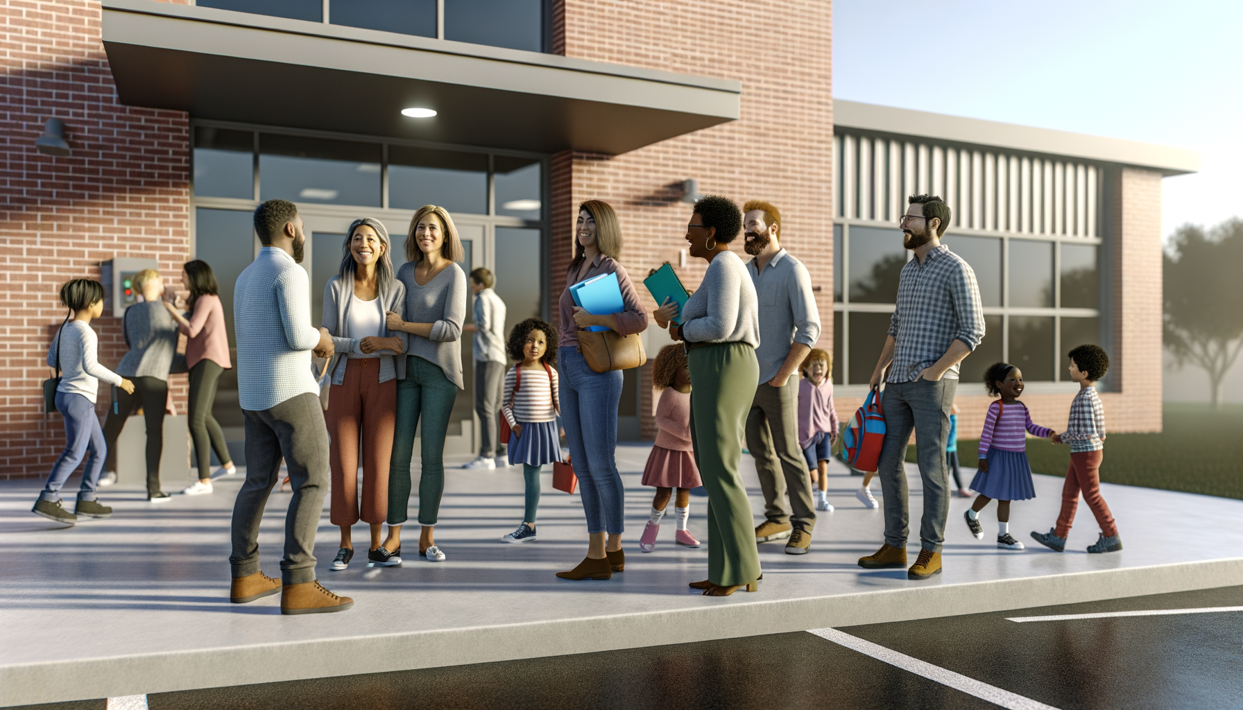 Parents talking outside elementary school during pickup time, representing school community connections