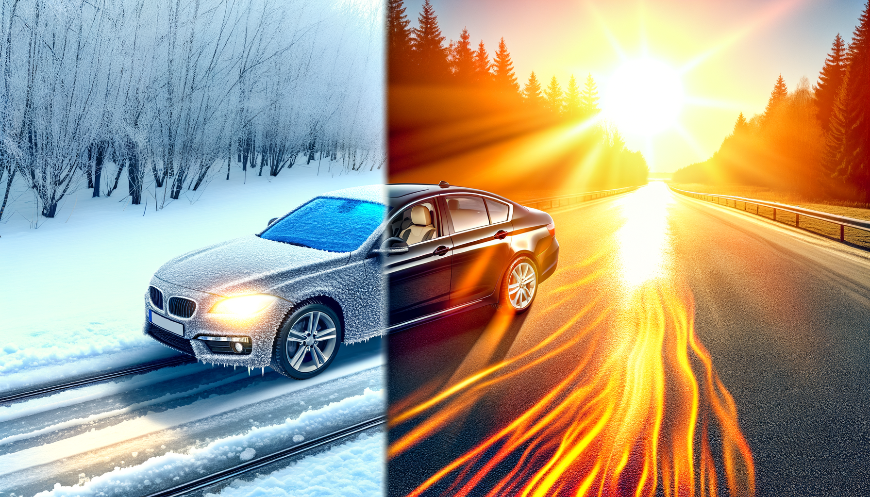 Car shown in winter and summer conditions illustrating seasonal vehicle performance changes