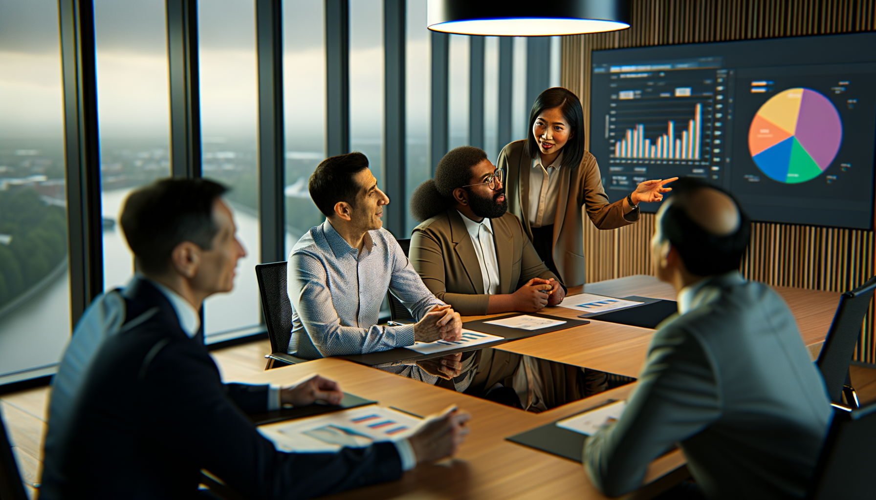 Business team analyzing growth charts and quality metrics during a strategy meeting