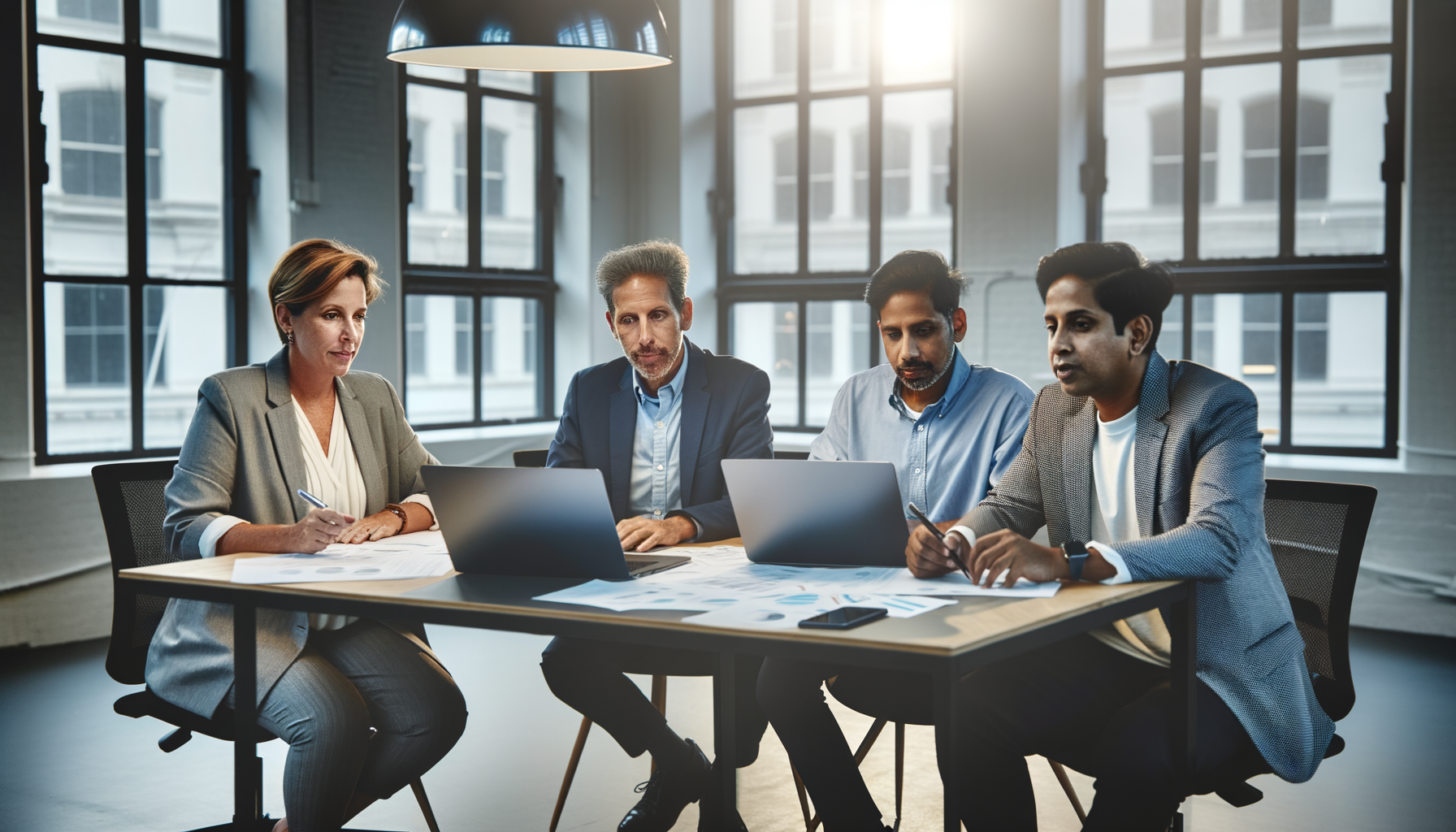 Service business owners collaborating and planning growth strategies in a professional setting