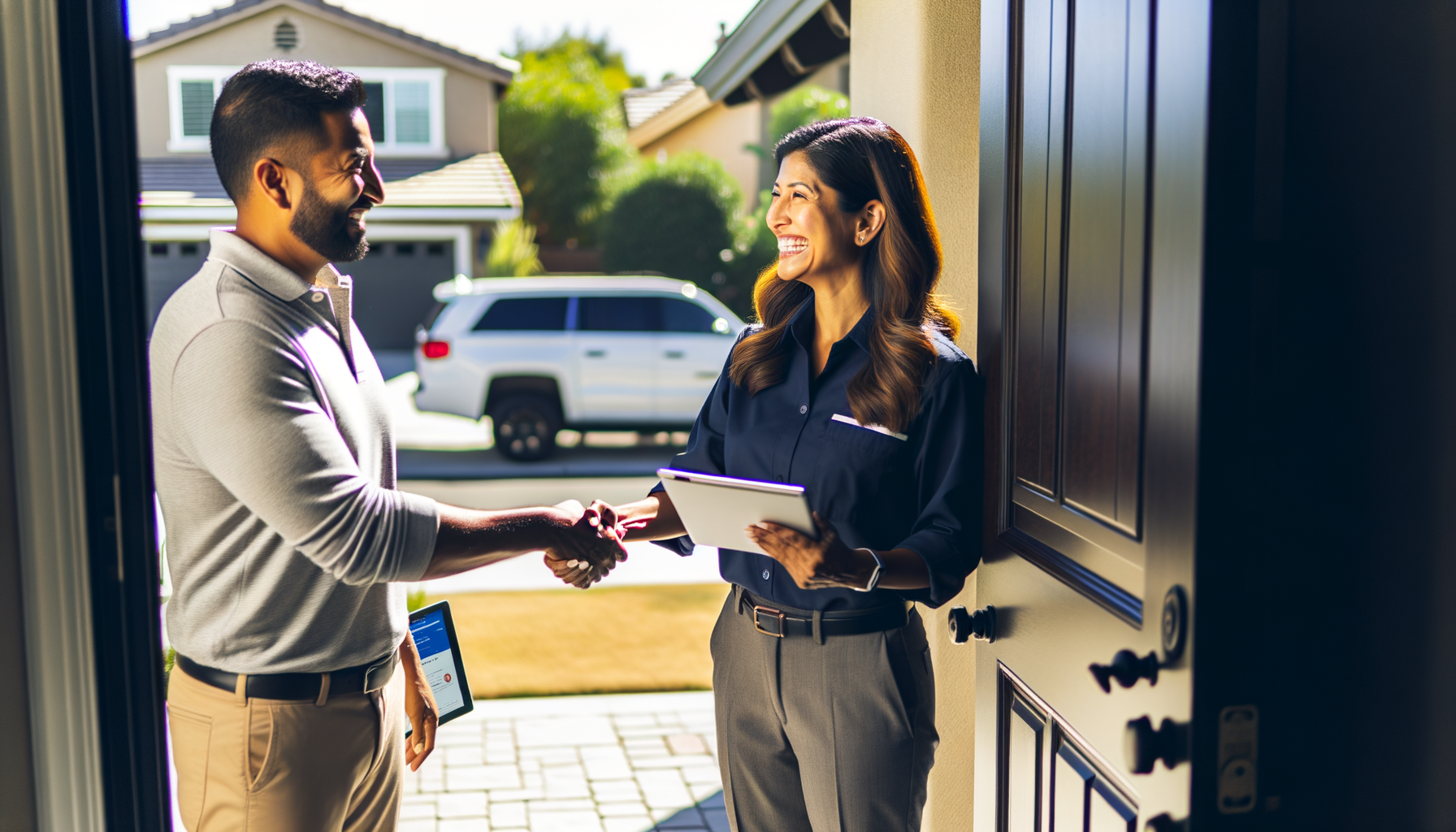 Service provider shaking hands with satisfied customer, representing successful business relationship building