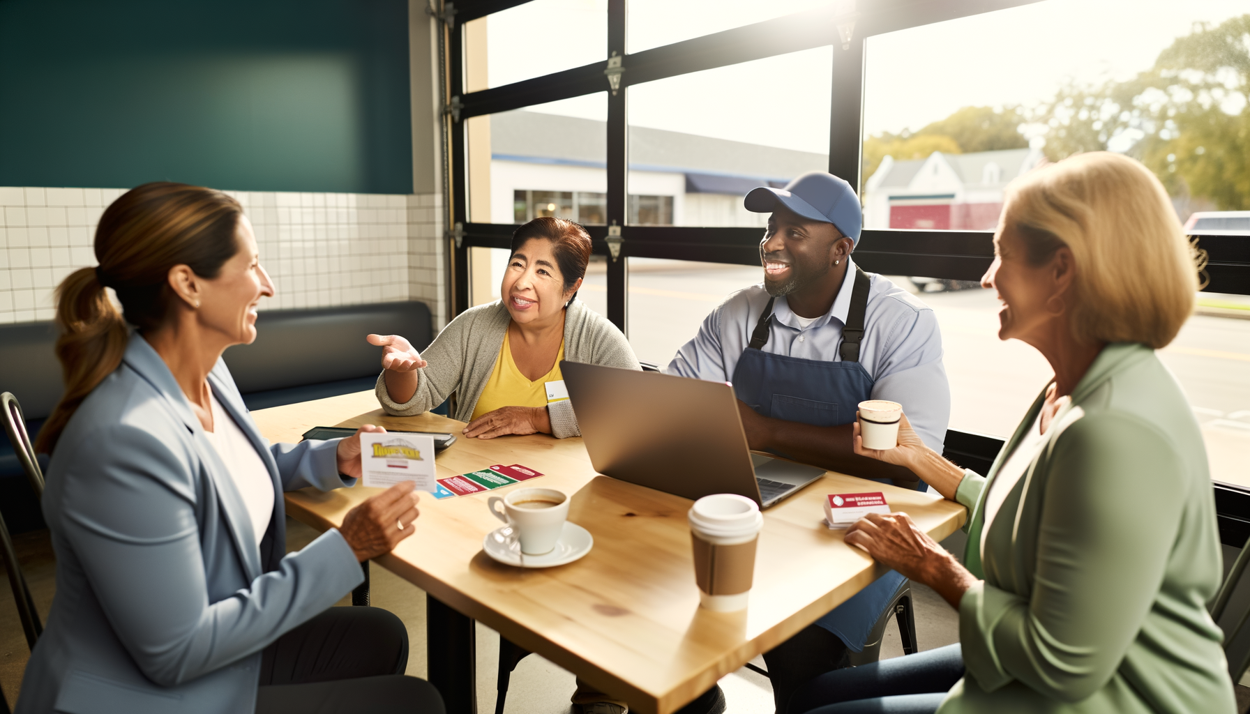 Three diverse service business owners meeting at a local café, building professional relationships over coffee