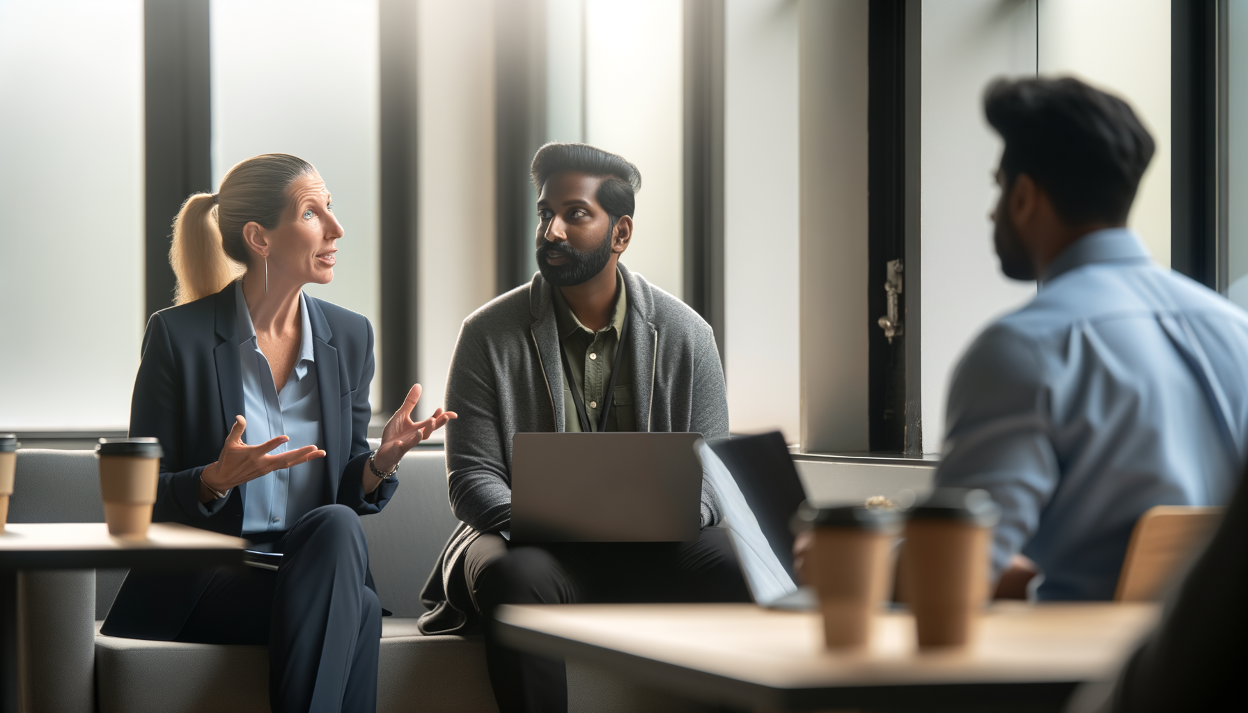 Diverse service business owners collaborating and sharing strategies in a bright modern workspace