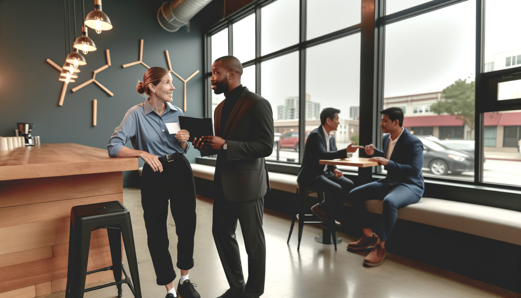 Small business owners networking in coffee shop discussing services and referrals