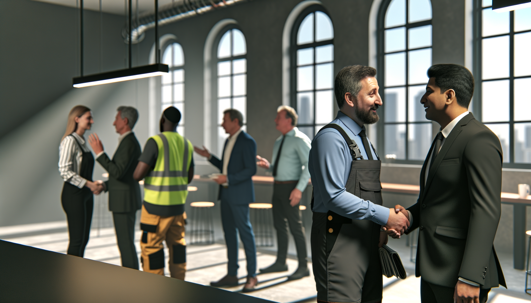 Service business owners networking and making professional connections at a co-working space