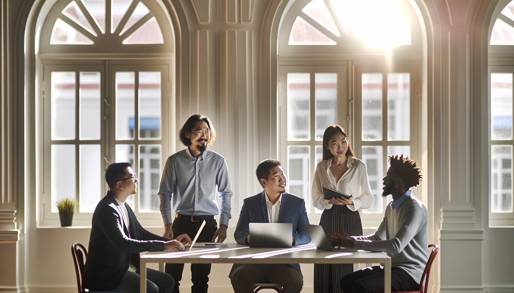 Small business owners collaborating and networking in a modern workspace