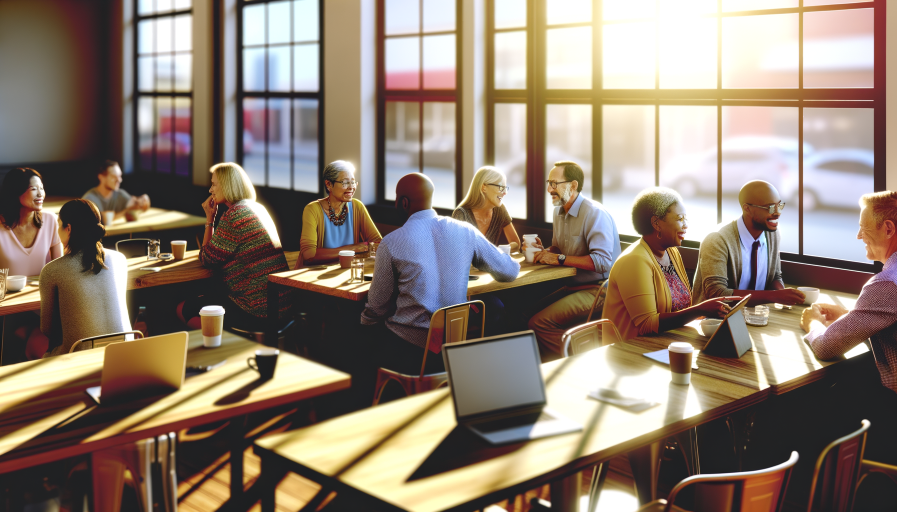 Local business owners and customers networking naturally in a community coffee shop setting