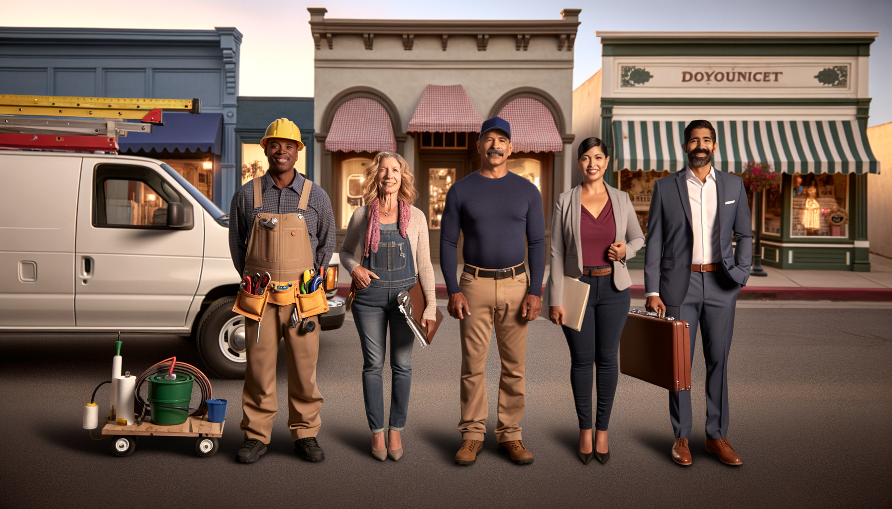 Professional service providers standing confidently outside their businesses on a main street