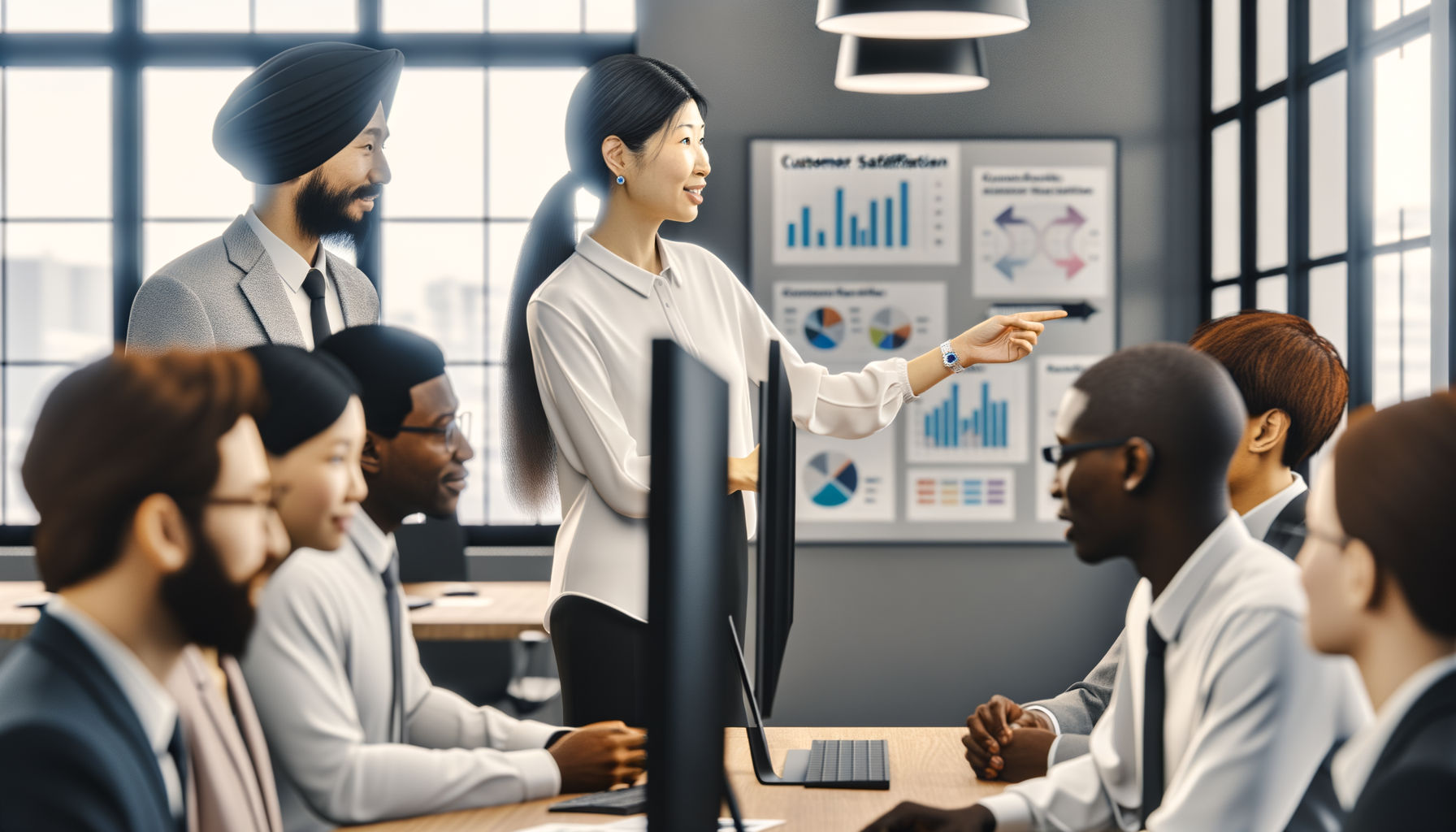 Service business team reviewing quality metrics and customer satisfaction data