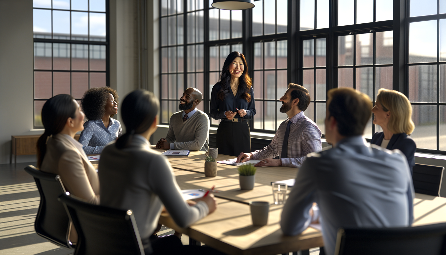 Service business team meeting with owner, employees, and clients discussing growth strategies