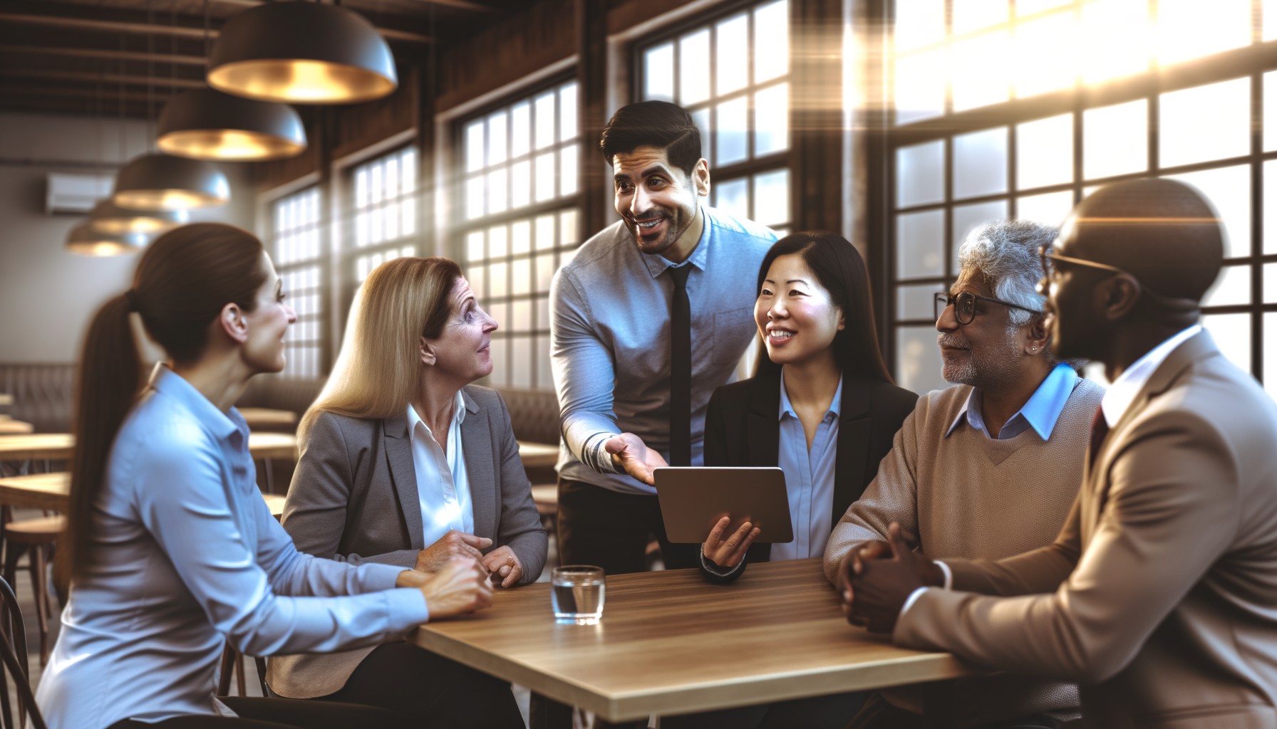 Service business owners networking and building trust connections at a coffee shop meeting