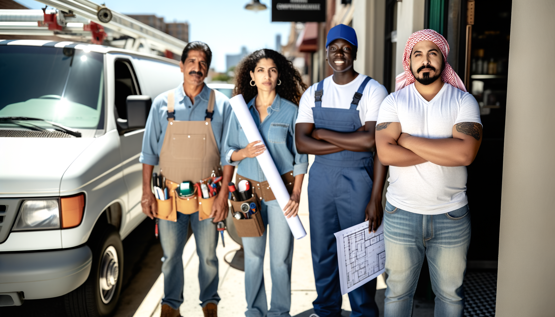 Diverse service business owners standing confidently outside their businesses