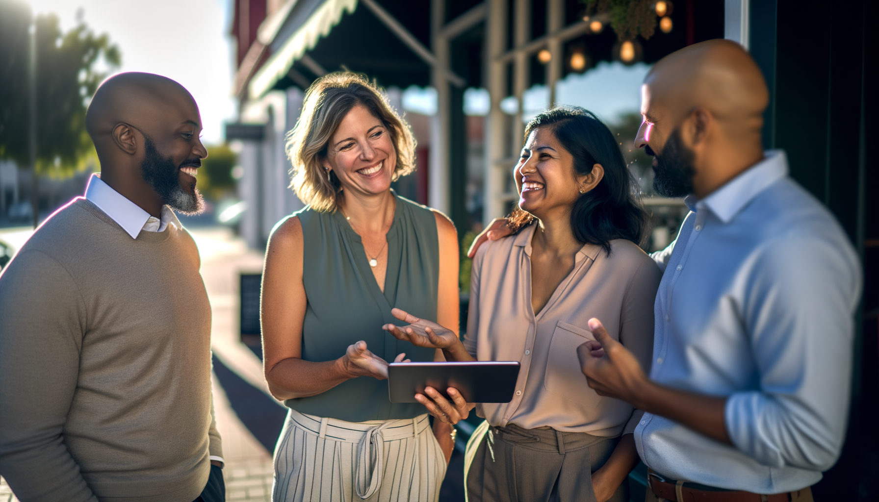 Local business owners networking and sharing recommendations in a natural, friendly setting